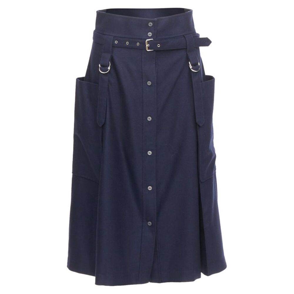 Hermes Blue Buckle Belt Button Midi Skirt